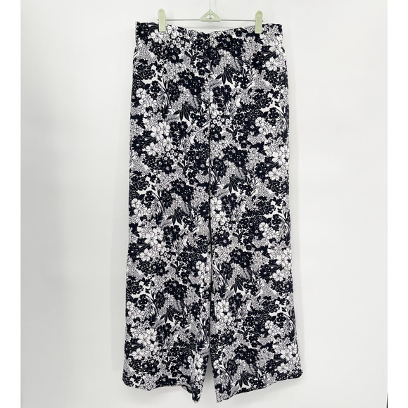 Ann Taylor Floral Wide Leg Pants Black‎ White Size L Elastic Waist Pull On - Picture 1 of 11
